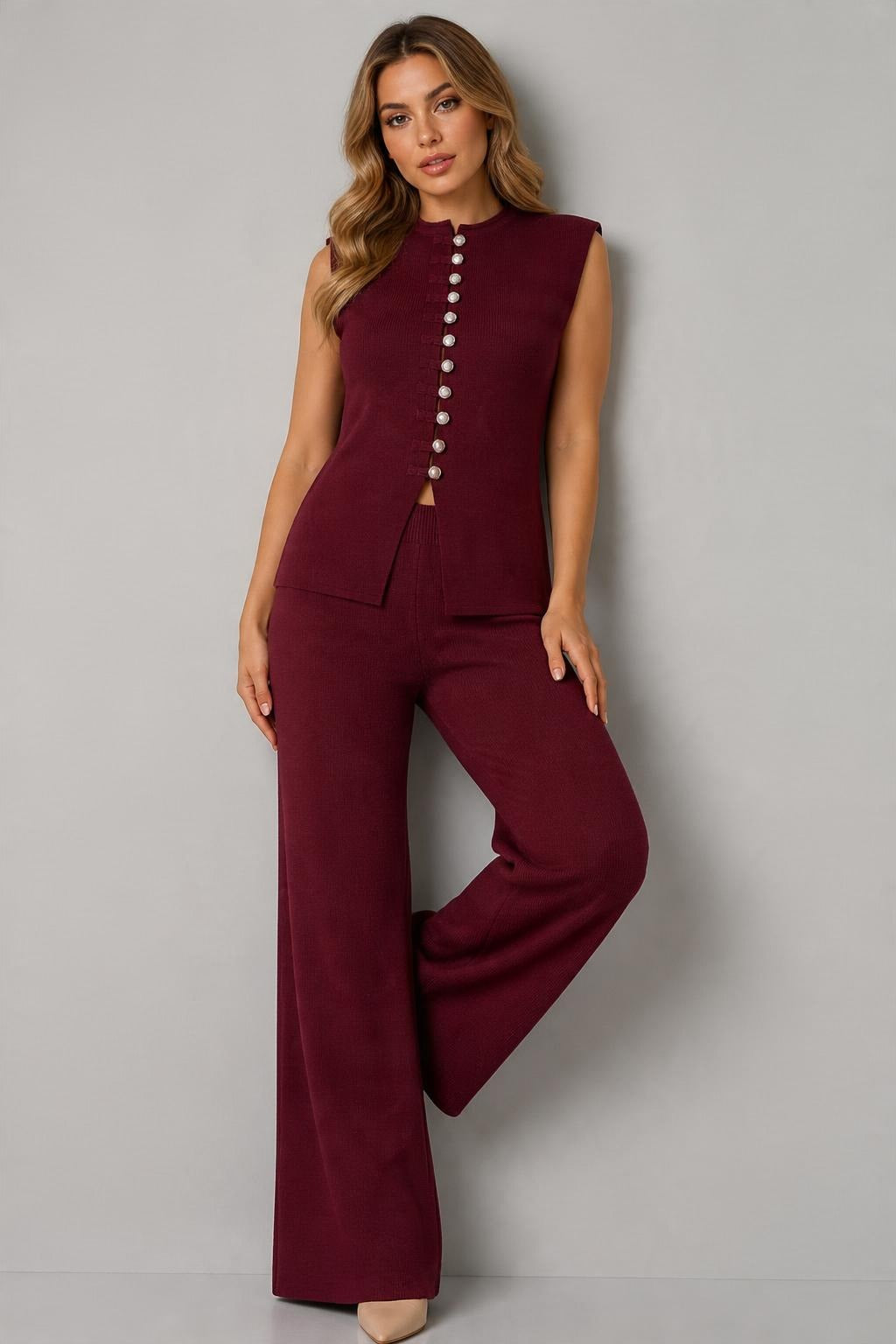 Kolsuz Triko Bluz Pantolon Takım Bordo