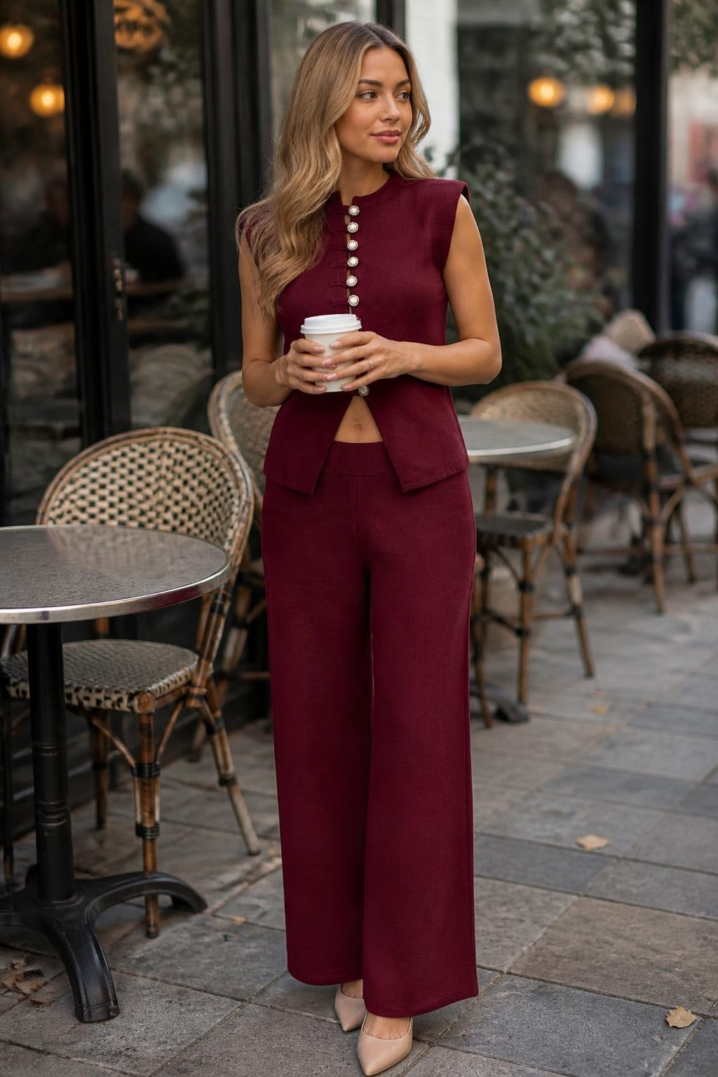 Kolsuz Triko Bluz Pantolon Takım Bordo
