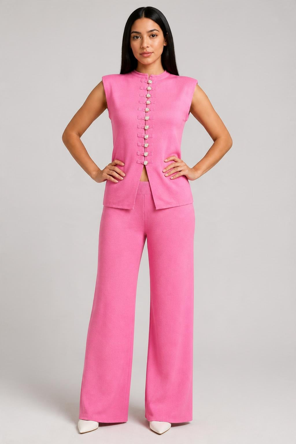 Kolsuz Triko Bluz Pantolon Takım Pembe