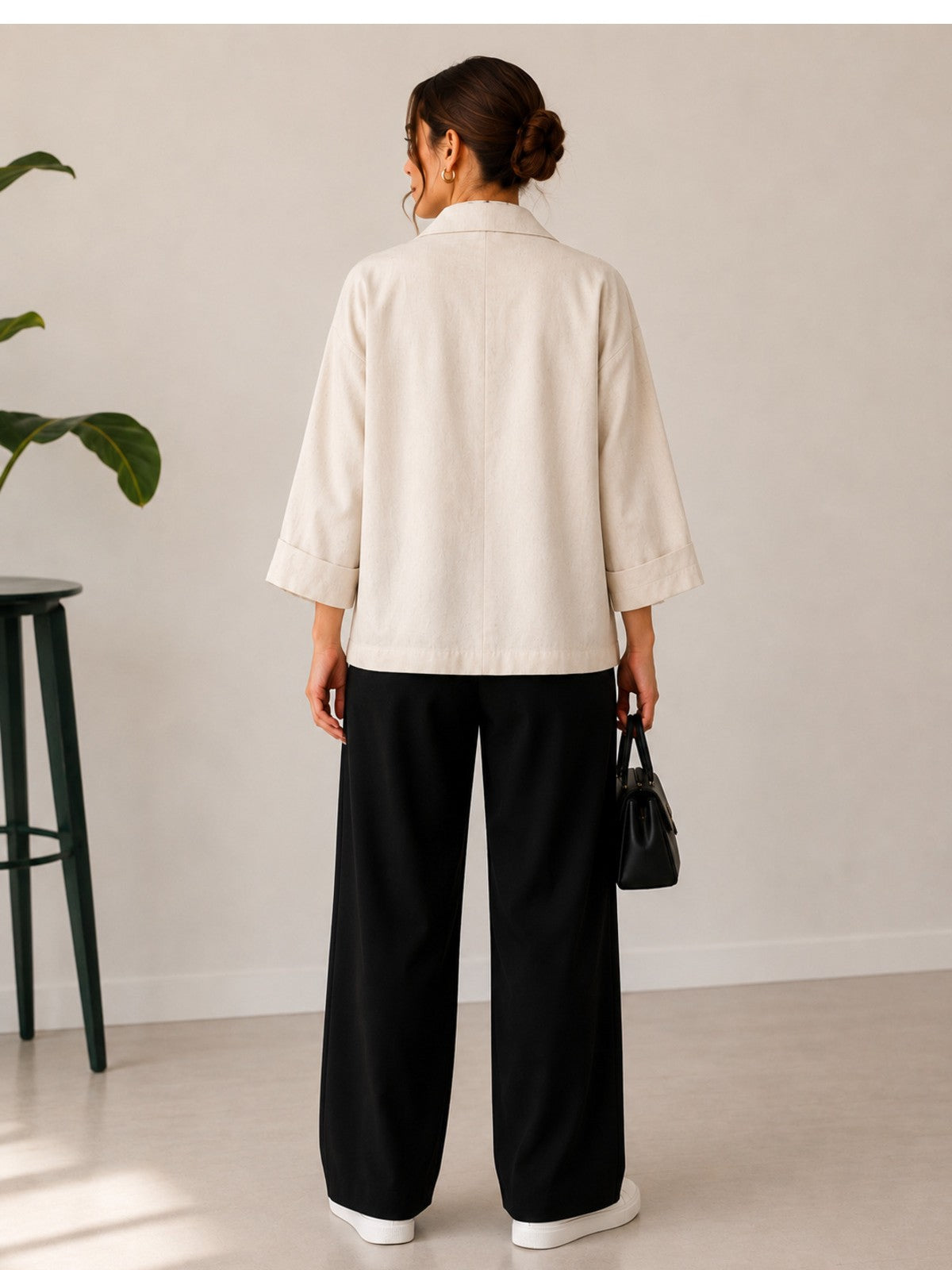 Ekru Kruvaze Blazer Ceket Kısa Kollu Oversize Krep Kumaş - Ekru