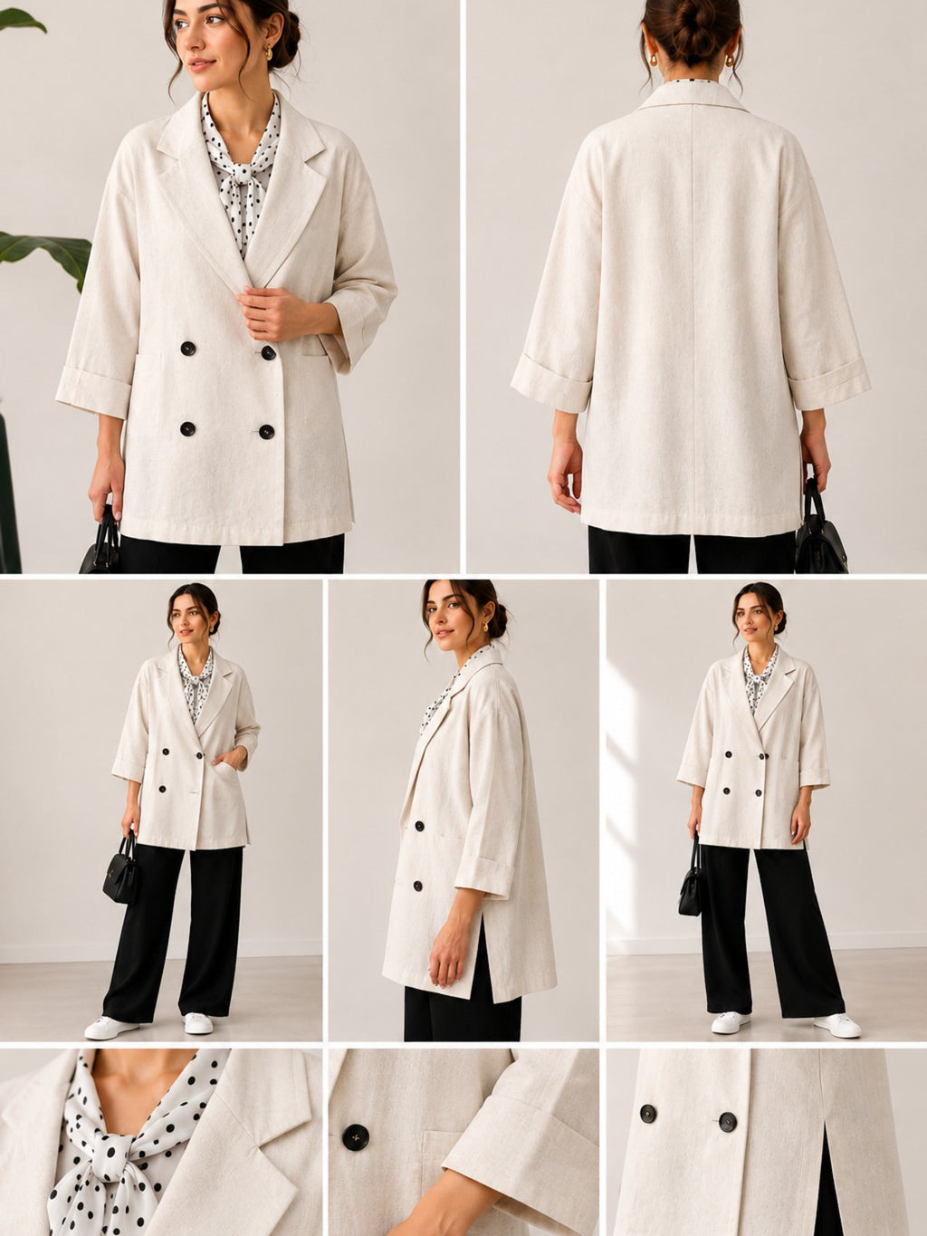 Ekru Kruvaze Blazer Ceket Kısa Kollu Oversize Krep Kumaş - Ekru