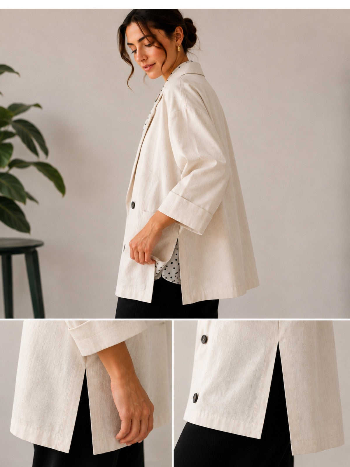 Ekru Kruvaze Blazer Ceket Kısa Kollu Oversize Krep Kumaş - Ekru