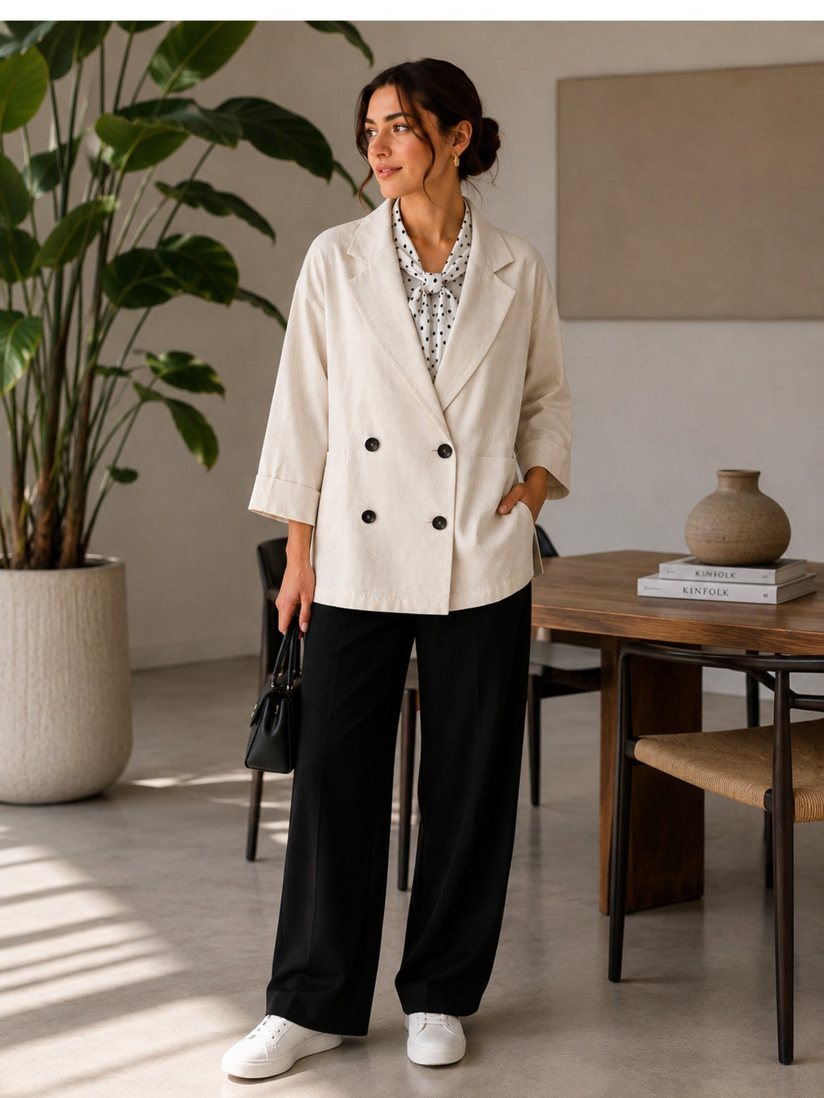 Ekru Kruvaze Blazer Ceket Kısa Kollu Oversize Krep Kumaş - Ekru