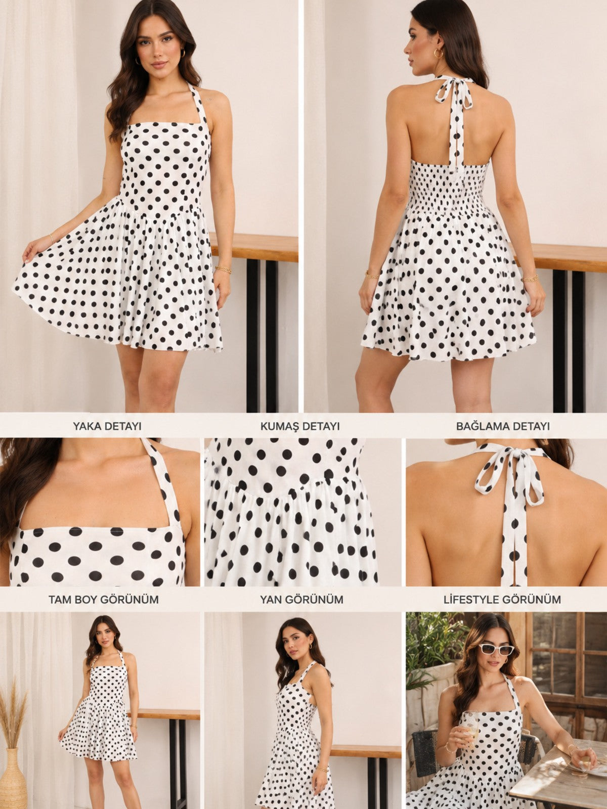 Puantiyeli Elbise Halter Yaka Pileli Etekli Mini Boy - Beyaz