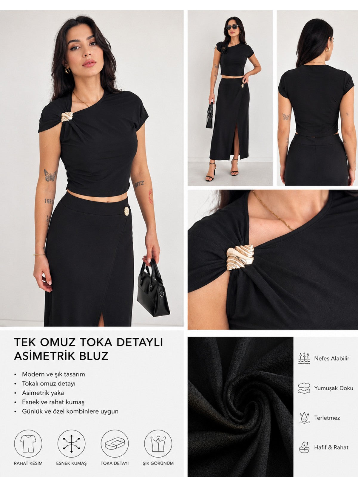 Alt Üst Takım Siyah Tek Omuz Bluz Yırtmaçlı Midi Etek - Siyah