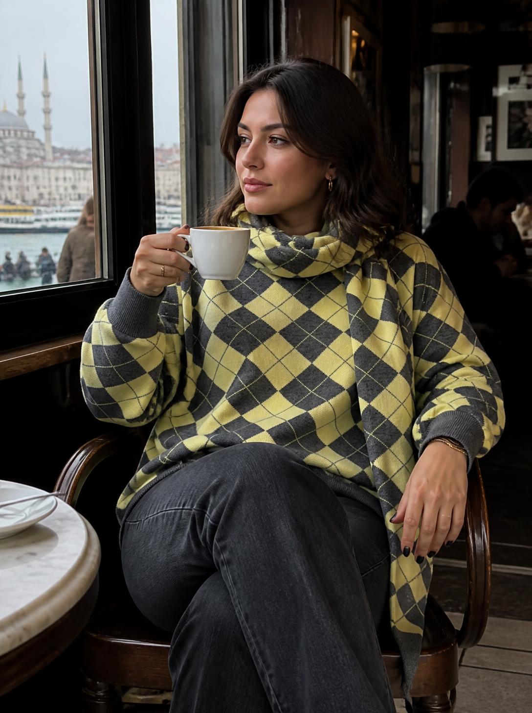 Sarı-gri triko kazak kafede