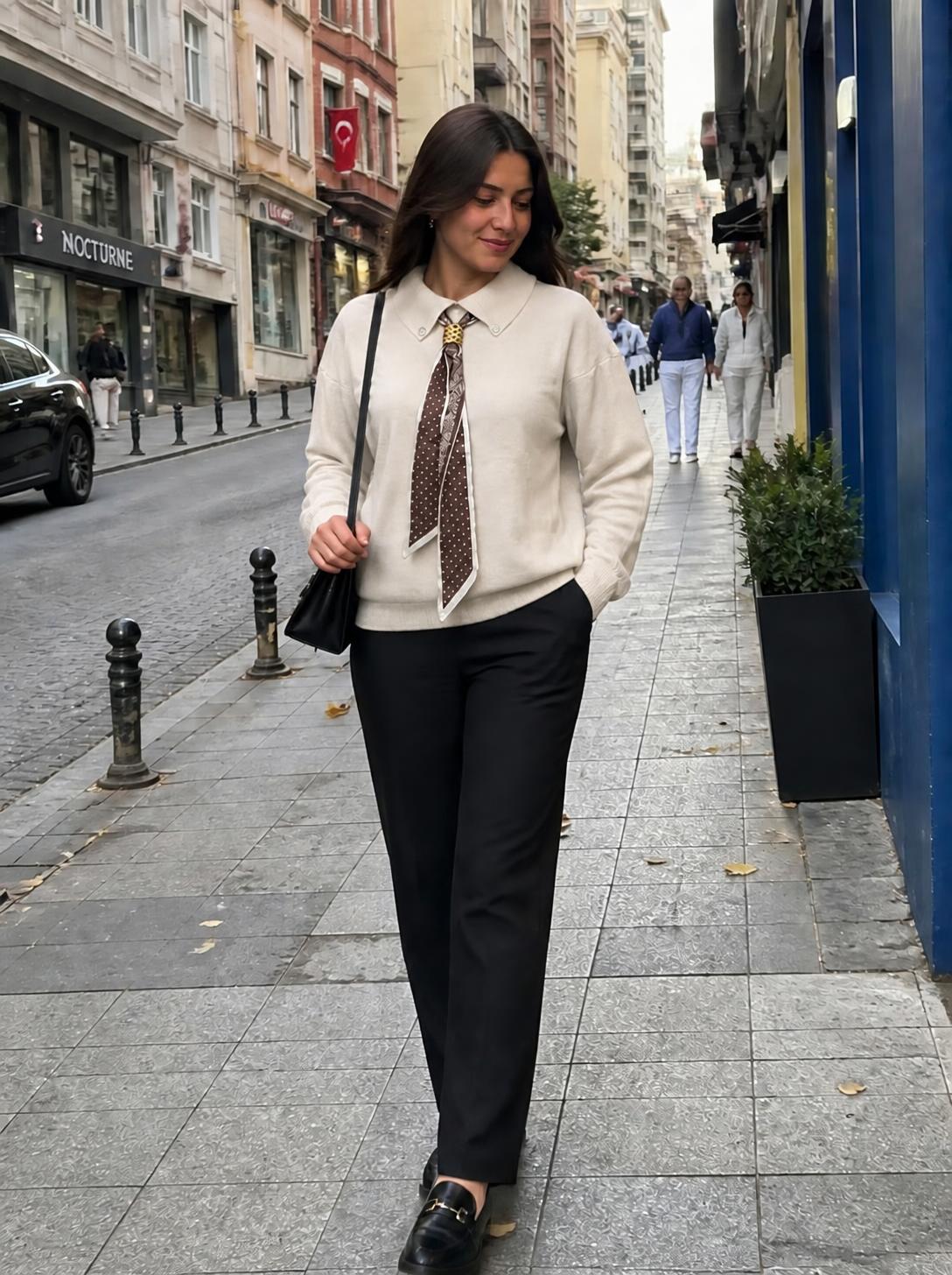 Ekru Gömlek Yaka Fularlı Triko Kazak