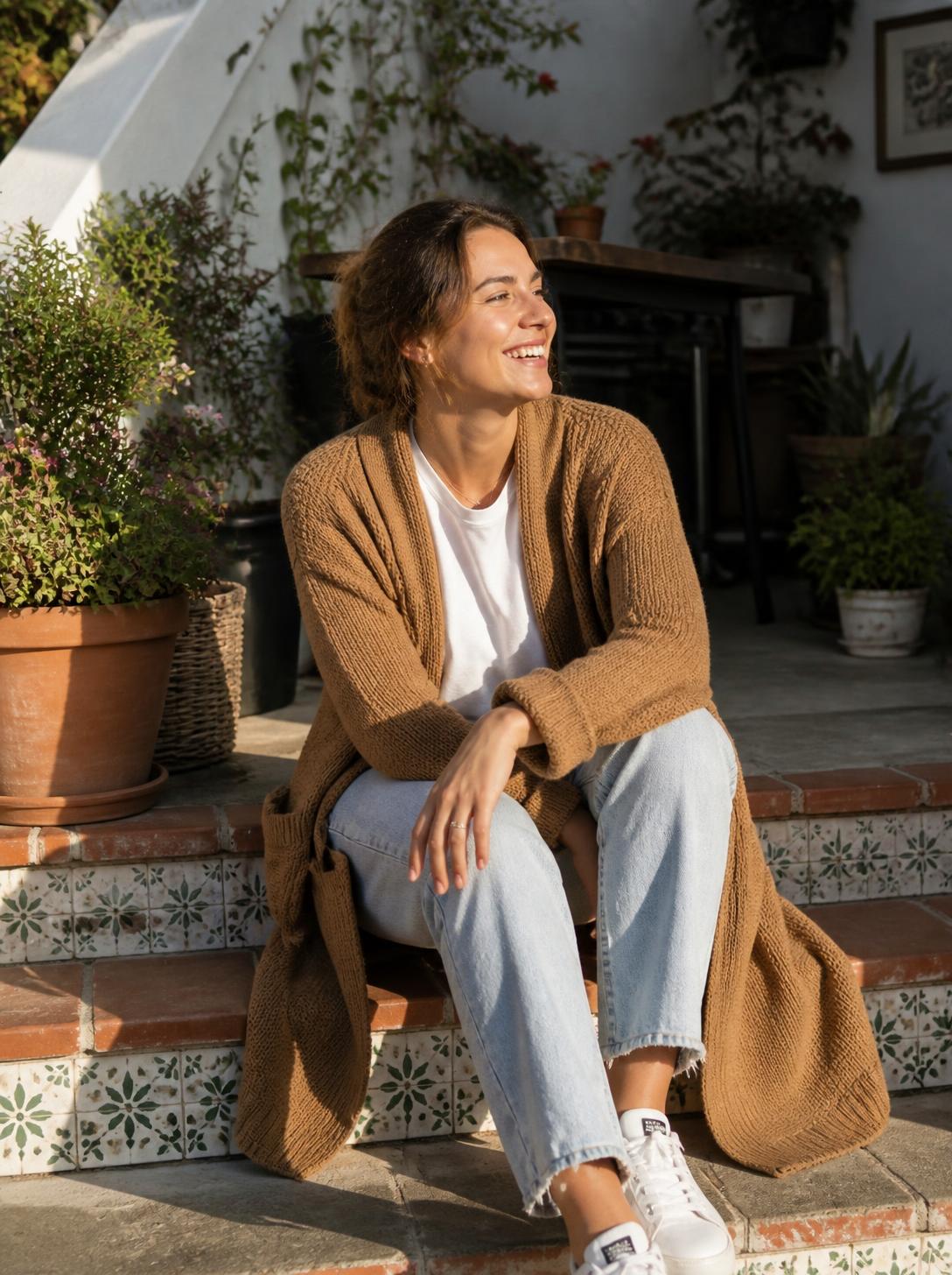 Camel Şal Yaka Cepli Uzun Triko Hırka