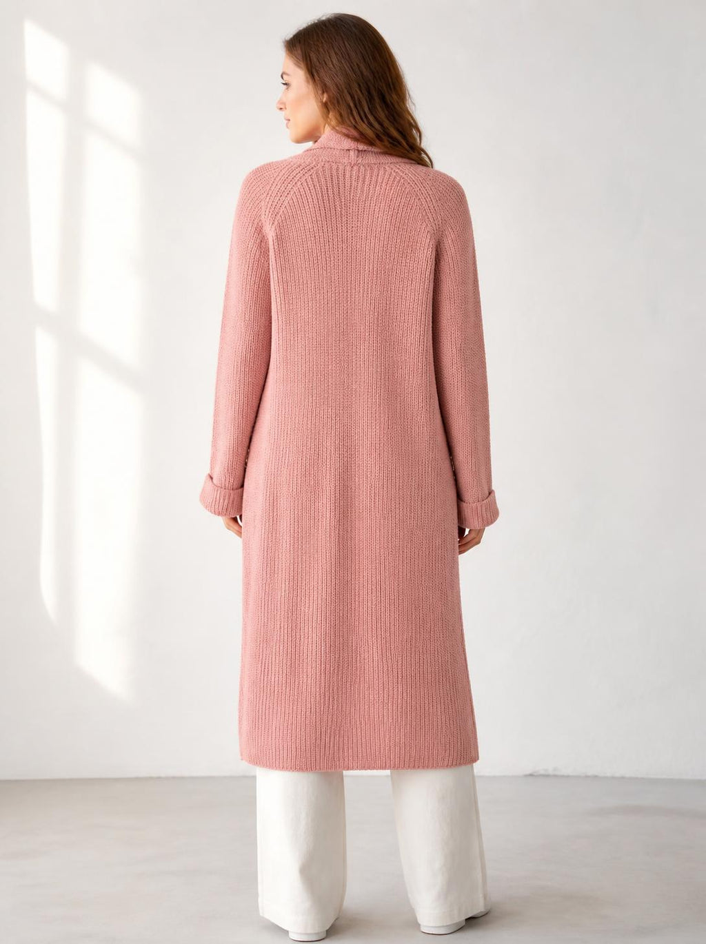 Pembe Şal Yaka Cepli Uzun Triko Hırka
