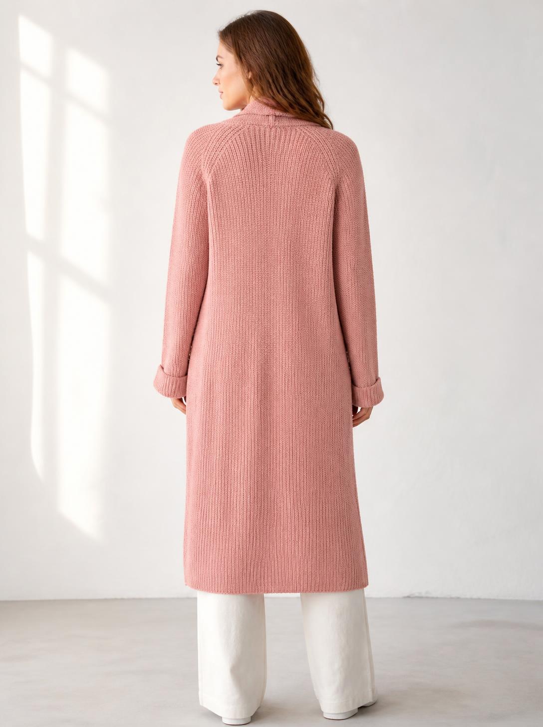 Pembe Şal Yaka Cepli Uzun Triko Hırka