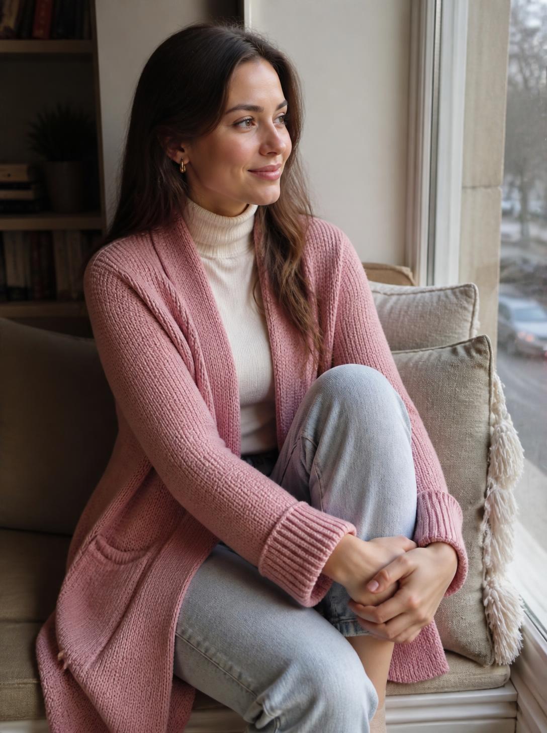 Pembe Şal Yaka Cepli Uzun Triko Hırka