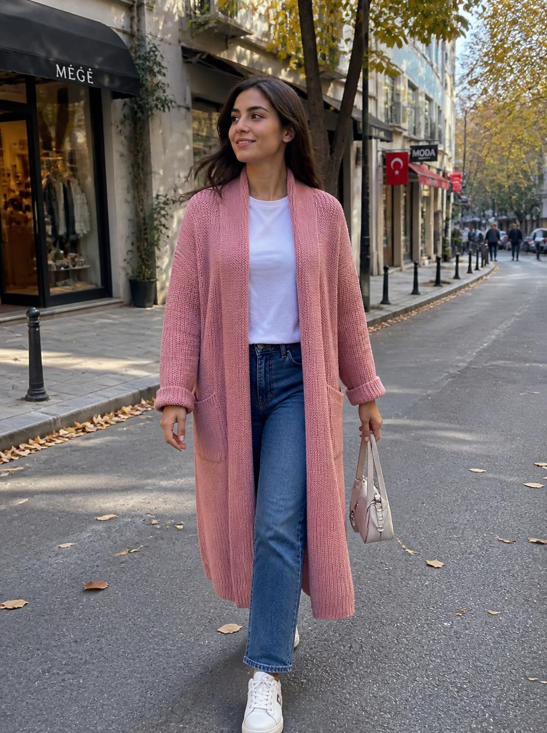 Pembe Şal Yaka Cepli Uzun Triko Hırka