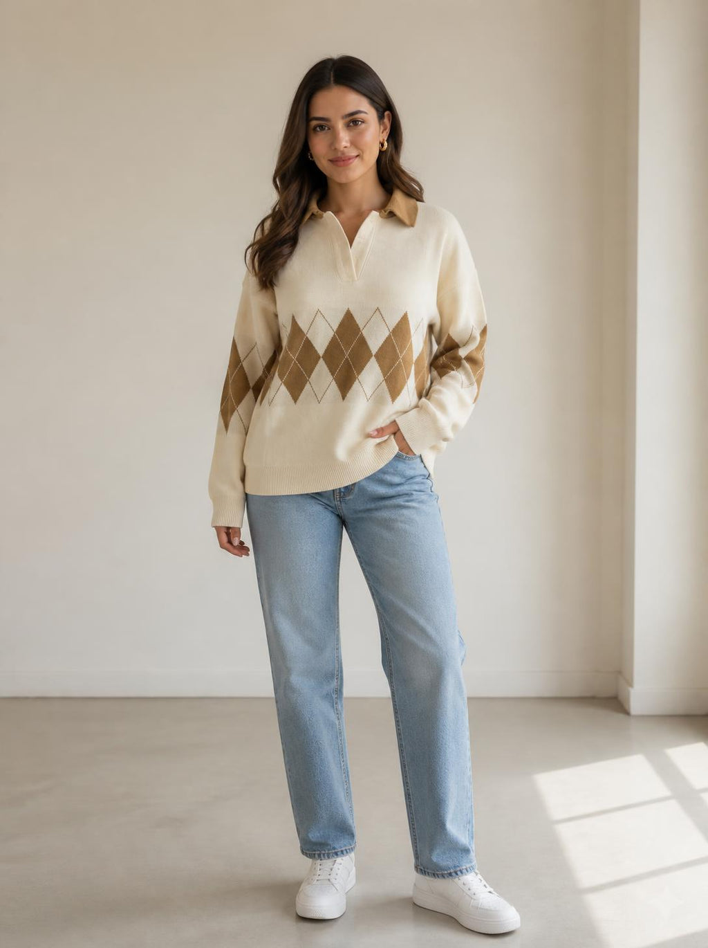 Camel polo yaka baklava desenli triko kazak
