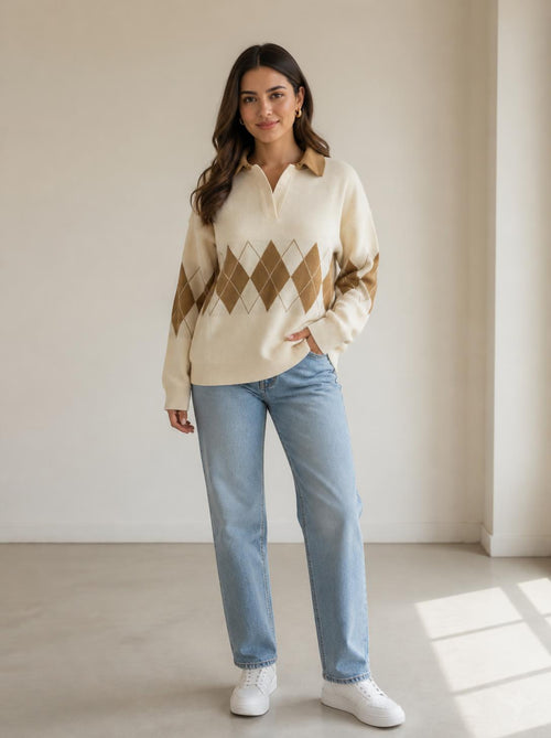 Camel polo yaka baklava desenli triko kazak