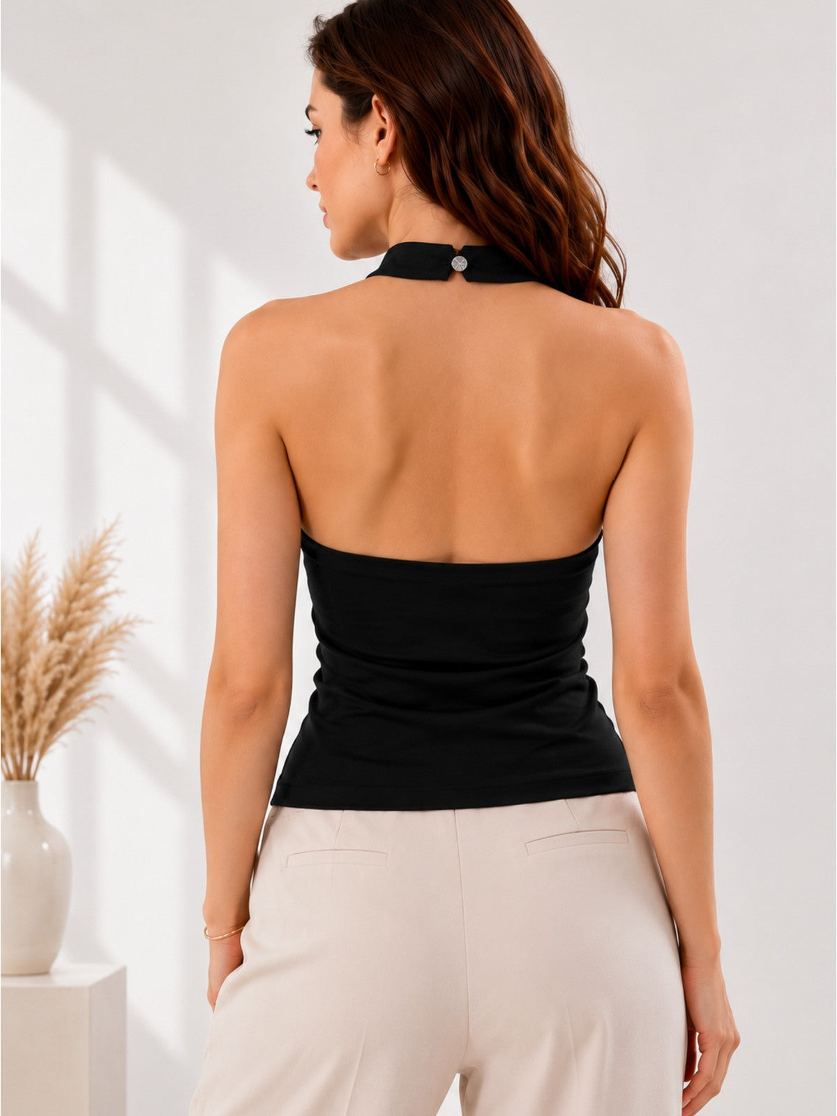 Kadın Siyah Dantel Bluz Dik Yaka Halter Model - Siyah